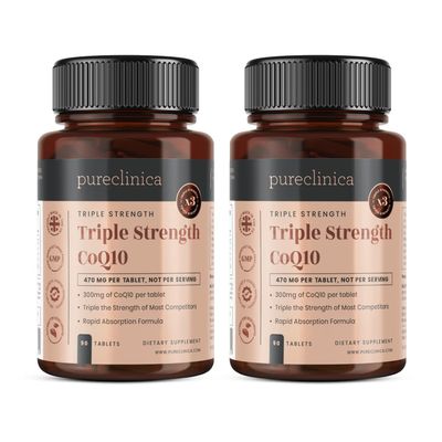 pureclinica Fermented CoQ10 300mg x 180 Tablets (2 Bottles of 90 Tablets) - 6 Months Supply. Non GMO, USP Grade. with Added Vitamin C &amp; Black Pepper Extract for Absorption.