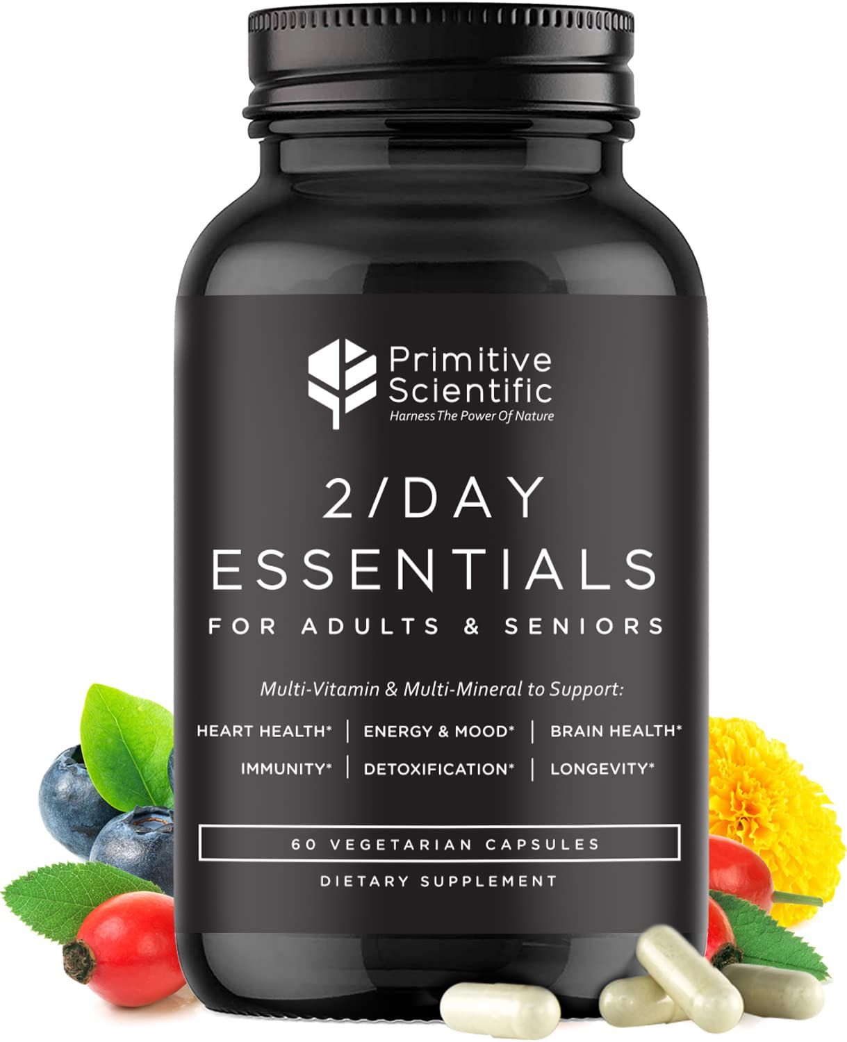 Primitive Scientific Whole Food Multivitamins for Adults &amp; Seniors - Multivitamins for Women &amp; Men - 2X a Day Adult Vitamins with Vitamin A, C &amp; D3 - Natural &amp; Sugar-Free | 60 Caps [30 Servings]