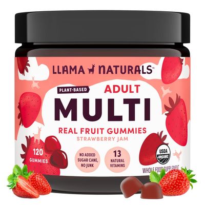 Llama Naturals Real Fruit Gummy Vitamins for Adults, No Added Sugar Cane, Whole Food Multivitamin Gummies for Women and Men, Vegan, Organic, Plant Based, Chewable, 120 Count (30 Day Supply) Strawberry