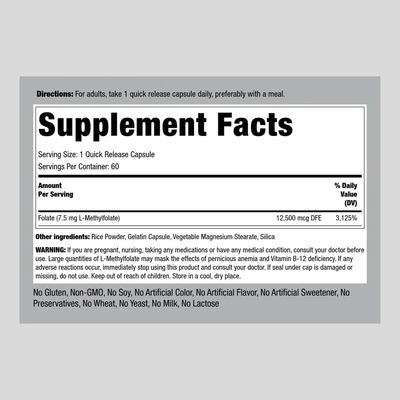 Piping Rock L-Methylfolate 7.5 mg | 60 Capsules | Extra Strength Supplement | Active Folic Acid | Non-GMO, Gluten Free