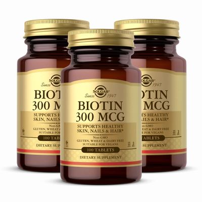 SOLGAR Biotin 300 mcg - 100 Tablets, Pack of 3 - Supports Healthy Skin, Nails &amp; Hair - Non-GMO, Vegan, Gluten Free, Dairy Free, Kosher, Halal - 300 Total Servings
