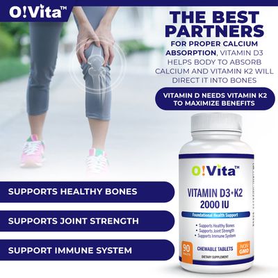 O!VITA Vitamin D3 + K2 2000IU Chewable for Joint and Bone Health Support, 90 Vegan chewable Tablets, up to 3-Month Supply