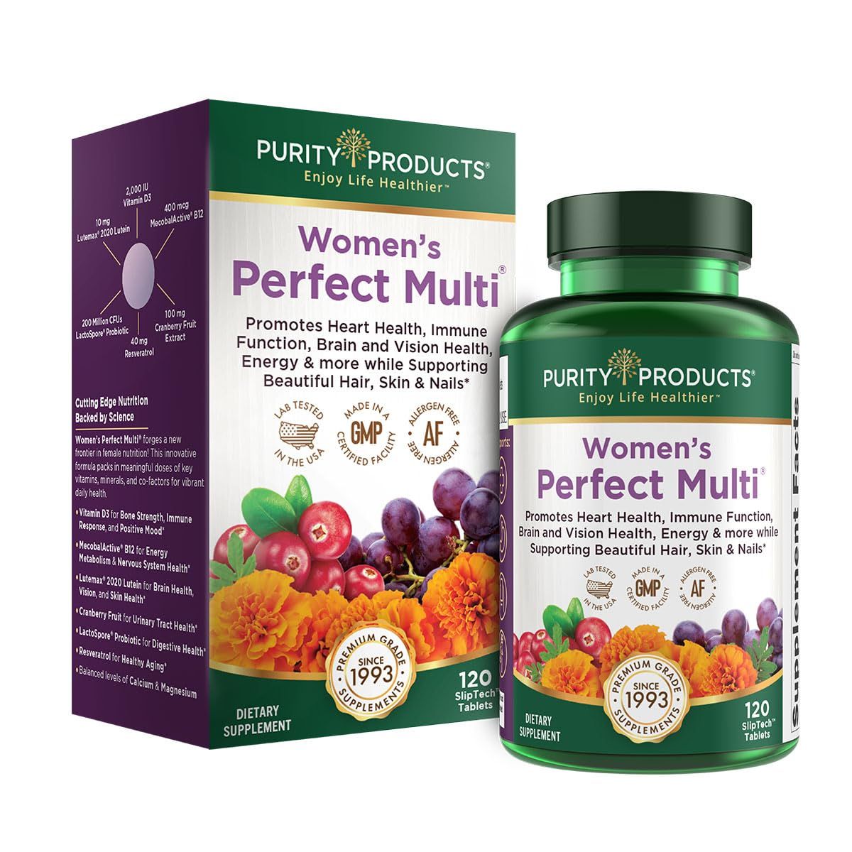 Purity Products Womens Perfect Multi Balanced Multivitamin - Supports Urinary Tract Health, Immune, Bone + Muscle, Hair, Skin, Nails, an Elite Probiotic for Digestive Health + More - 120 Tablets
