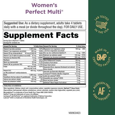 Purity Products Womens Perfect Multi Balanced Multivitamin - Supports Urinary Tract Health, Immune, Bone + Muscle, Hair, Skin, Nails, an Elite Probiotic for Digestive Health + More - 120 Tablets