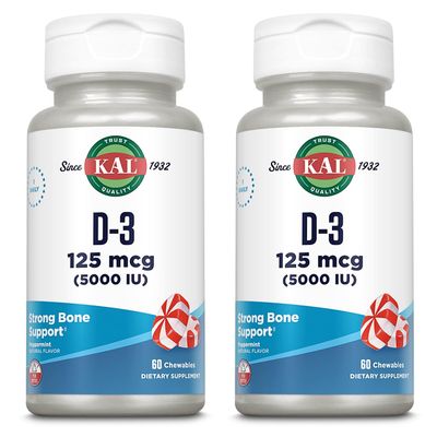 KAL Ultra D3, Chewable, Peppermint (Btl-Plastic) 5000IU 60 Count | Pack of 2