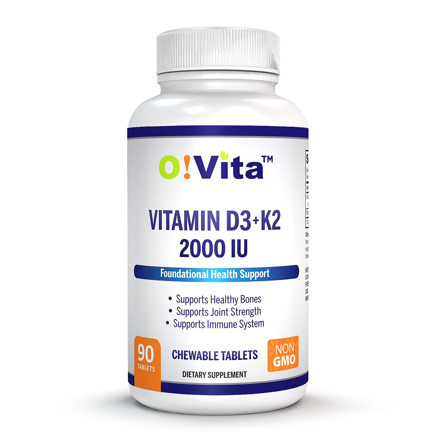 O!VITA Vitamin D3 + K2 2000IU Chewable for Joint and Bone Health Support, 90 Vegan chewable Tablets, up to 3-Month Supply
