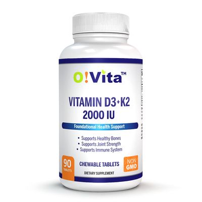 O!VITA Vitamin D3 + K2 2000IU Chewable for Joint and Bone Health Support, 90 Vegan chewable Tablets, up to 3-Month Supply