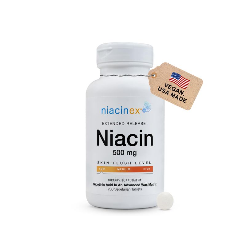 Niacinex Niacin 500mg Extended Time Release Tablets Minimal to No-Flush, Vitamin B3 Supplement - Cholesterol Balance, Nicotinic Acid - Vegan, cGMP, made in The USA (1 Pack)