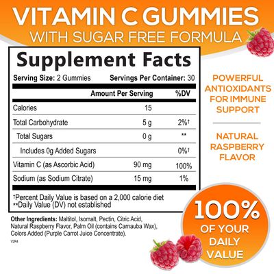Sugar Free Vitamin C Gummies - Immune Support &amp; Antioxidant Vitamin Dietary Supplement - Vegan, Non-GMO, Dairy &amp; Gluten Free C Vitamin Gummy - Raspberry Flavor for Kids &amp; Adults - 60 Count Gummies