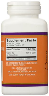 Trader Joe's Vitamin D-3 1000iu, 180softgels