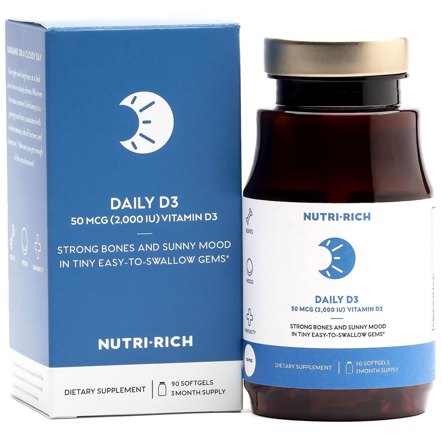 Nutri-Rich Daily Vitamin D3 2,000 IU (50 mcg) Dietary Supplement for Bone, Immune Health Support, Healthy Teeth, Healthy Muscle Function, Gluten Free, Soy Free, Vitamin D 90 Softgels