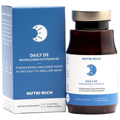 Nutri-Rich Daily Vitamin D3 2,000 IU (50 mcg) Dietary Supplement for Bone, Immune Health Support, Healthy Teeth, Healthy Muscle Function, Gluten Free, Soy Free, Vitamin D 90 Softgels
