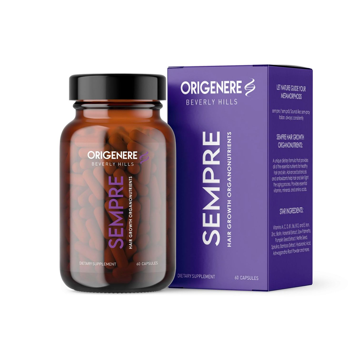 Origenere Sempre Hair Growth Organonutrients. Vegan Supplements. Physician Formulated All-Natural Botanicals. Fuller-appearing, Stronger Hair &amp; Healthy Skin. 1 Month Supply, 60 Capsules