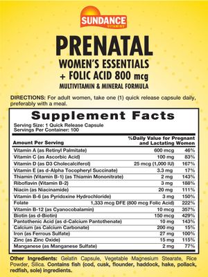 Sundance Prenatal Multivitamin | with Folic Acid | 100 Quick Release Capsules | 800 mcg | Non-GMO, Gluten Free Supplement for Women
