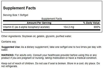 Swanson Natural Vitamin E - Natural Supplement Supporting Heart Health '&amp;' Tissue Protection - Essential Nutrient Promoting Overall Health '&amp;' Wellness 200 Iu (134.2 Milligrams) 250 Sgels