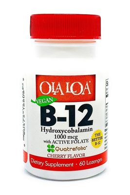 Ola Loa Vitamin B12 Sublingual Cherry Dietary Supplement - HydroxyCobalamin, Active Folate, Vegan Formula - Promote Your Body&#39;s Energy, Nerve, and Brain Support - 60 Tablets
