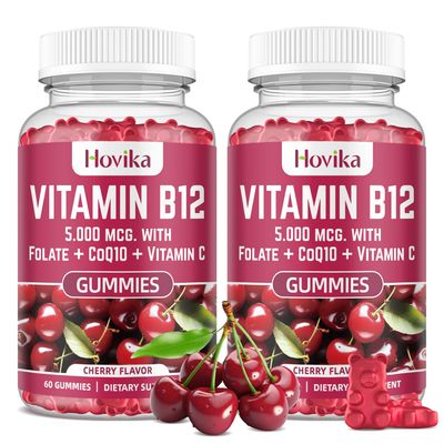 Vitamin B12 Complex 5000 mcg Methyl B12, Adenosyl B12 &amp; Hydroxy B12, with Coenzyme Q10, Folate, Vitamin C, Chewable B 12 for Energy Support, Metabolism, Bone Health - Cherry Flavor, 2 Pack