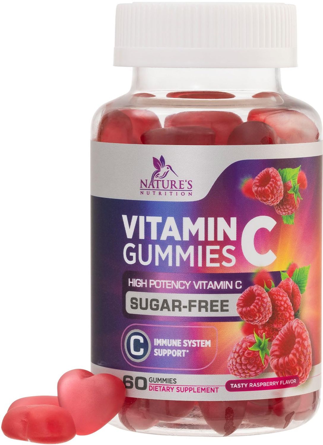 Sugar Free Vitamin C Gummies - Immune Support &amp; Antioxidant Vitamin Dietary Supplement - Vegan, Non-GMO, Dairy &amp; Gluten Free C Vitamin Gummy - Raspberry Flavor for Kids &amp; Adults - 60 Count Gummies