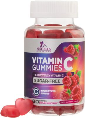 Sugar Free Vitamin C Gummies - Immune Support &amp; Antioxidant Vitamin Dietary Supplement - Vegan, Non-GMO, Dairy &amp; Gluten Free C Vitamin Gummy - Raspberry Flavor for Kids &amp; Adults - 60 Count Gummies
