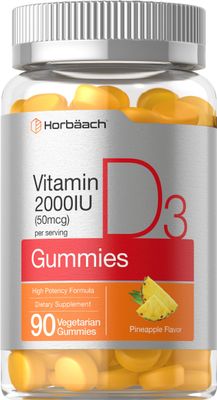 Horbach Vitamin D3 2000iu Gummies | 90 Count | Vegetarian | Pineapple Flavor | 50 mcg | Non-GMO, Gluten Free Vitamin D Supplement