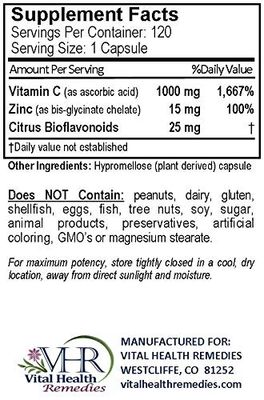 VHR Vitamin C 1,000 MG with ZINC & Citrus BIOFLAVONOIDS Preservative-Free High Potency Antioxidant Formula for Healthy Immune Support!(120)