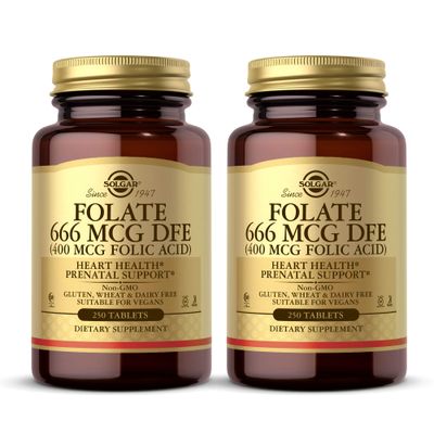 SOLGAR Folate 666 mcg DFE (400 mcg Folic Acid), 250 Tablets - Pack of 2 - Heart Health - Prenatal Support - Non-GMO, Vegan, Gluten Free, Dairy Free, Kosher - 500 Total Servings