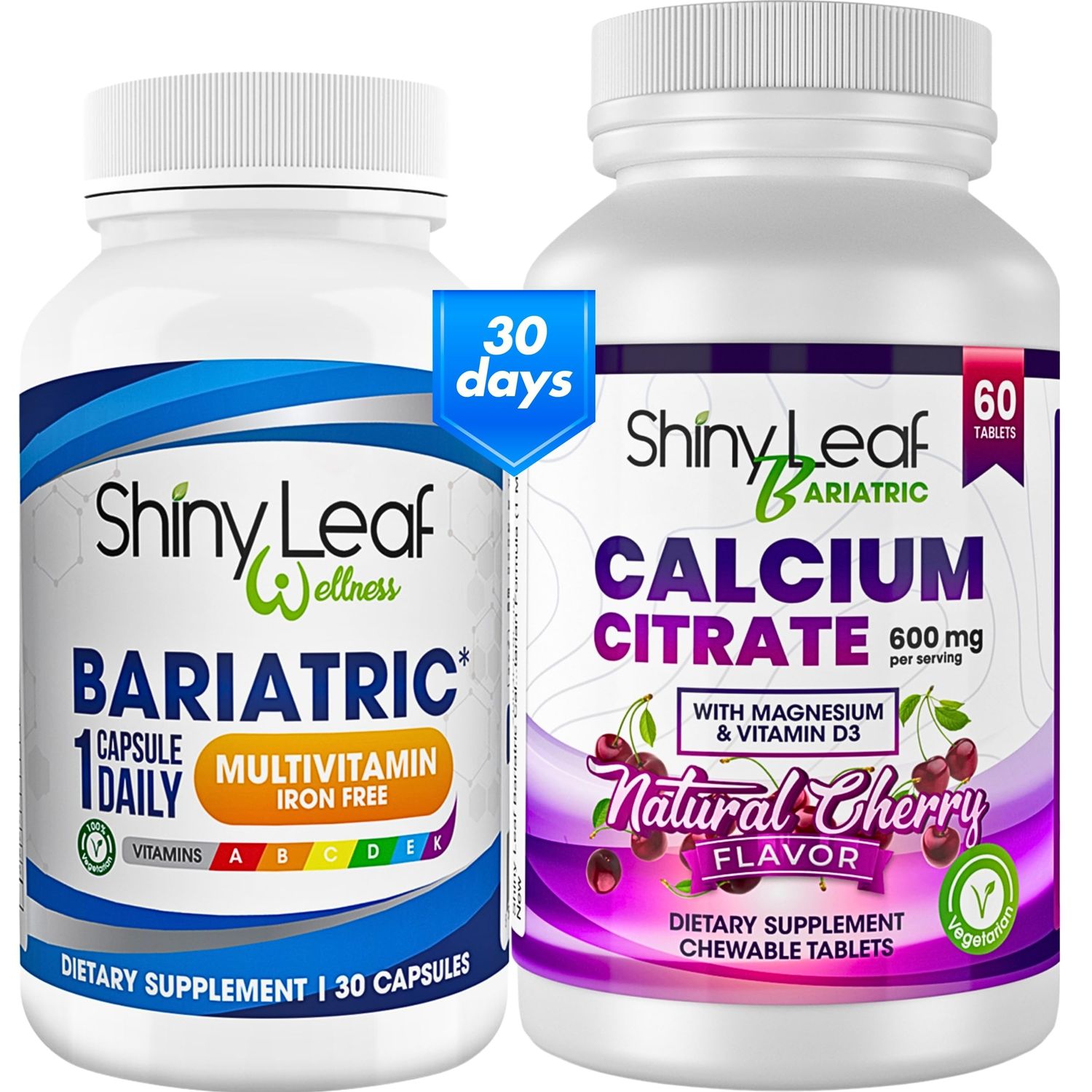 Shiny Leaf Bariatric Multivitamin Iron-Free Once-a-Day 30 Caps and 60 Calcium Citrate Chewable Tabs Twice-a-Day for Strength and Nourishment for Post Bariatric Surgery Patients (1 Month)
