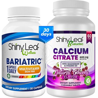 Shiny Leaf Bariatric Multivitamin Iron-Free Once-a-Day 30 Caps and 60 Calcium Citrate Chewable Tabs Twice-a-Day for Strength and Nourishment for Post Bariatric Surgery Patients (1 Month)