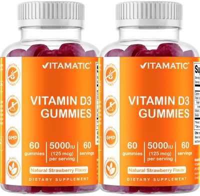Vitamatic 2 Pack Vitamin D3 Gummies - 5000 IU Per Gummy - 60 Gummies - Great Taste - Healthy Bones, Teeth, Mood, Joint &amp; Immune System Function (Total 120 Count)