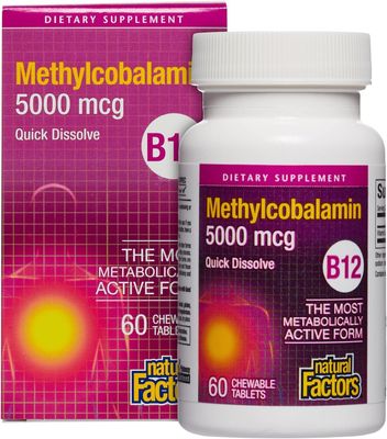 Natural Factors, Vitamin B12 Methylcobalamin 5000 mcg, Chewable Support for Energy and Immune Health, Vegetarian, 60 tablets (60 servings)