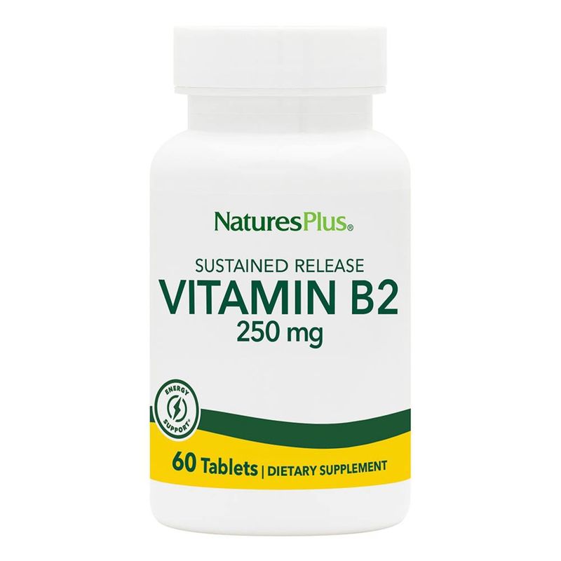 Natures Plus Vitamin B2 (Riboflavin) - 250 mg, 60 Vegetarian Tablets, Sustained Release - Natural Energy &amp; Metabolism Booster, Promotes Overall Health - Gluten-Free - 60 Servings