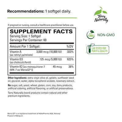 Terry Naturally A.D3.K2 - Healthy Supplement for Immune Support, Heart Health &amp; Bone Support - Supplement for Strong Bones &amp; Healthy Heart - Includes Vitamins A, D3 &amp; K2-60 Softgels (60 Servings)