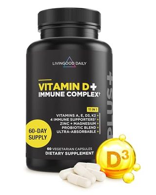 Livingood Daily Vitamin D3 K2 4000 IU Supplement, 9-in-1 Dietary Supplement for Immune Support - Made with Vitamins D, A, E, K2, Zinc, Magnesium &amp; Probiotic Blend for Maximum Absorption - 60 Capsules