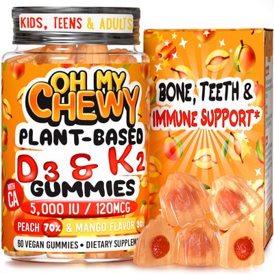 OH MY CHEWY Plant-Based Vitamin D3 K2 &amp; Calcium Gummies - 5000 IU D3, 120 mcg K2, 120 mg Calcium - Supports Teeth, Bone &amp; Immune Health - Family-Friendly for Kids, Teens &amp; Adults - 60 Gummy