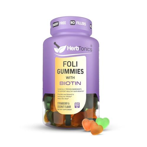 Herbtonics Foli Gummies | Biotin Gummies with Hair Vitamins | Hair Growth Supplement for Women &amp; Men | Hair, Skin and Nails Vitamins Gummies for Women | Vitamins for Hair Growth | 60 Sugarfree Gummies