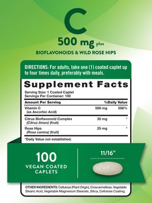 Nature's Truth Vitamin C with Rose Hips and Bioflavonoids | 500mg | 100 Caplets | Vegan, Non-GMO &amp; Gluten Free