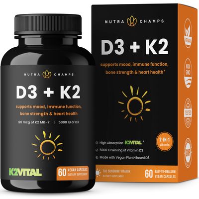 NutraChamps D3 with K2 MK7 Supplement for Heart &amp; Bone Health | Vitamin D &amp; K Complex | 5000 IU of Vitamin D 3 &amp; 100 mcg of Vitamin K 2 MK-7 | 60 Vitamin K2 D3 Capsules