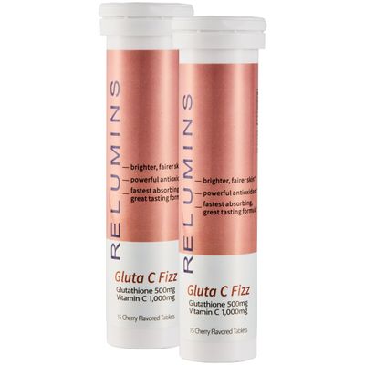 Relumins Gluta C Fizz - Vitamin C 1000mg Glutathione Tablets with Citric Acid, Beetroot &amp; Sodium Bicarbonate - Skin Brightening Supplement, 15 Tablets x 2 Pack - Cherry Flavor