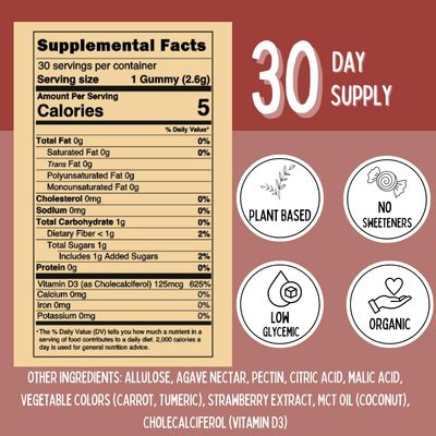 Krunchy Kids 5,000IU Adult Vitamin D3 Gummies - Organic, Plant-Based, Non-GMO, Sugar-Free, Low Glycemic | Supports Bones, Immunity, Mood &amp; Sleep
