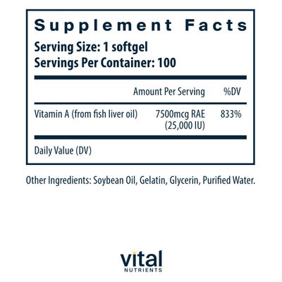 Vital Nutrients Vitamin A 7500mcg RAE | Vitamin A Supplement for Immune Function, Vision, Skin, and Cellular Health | Gluten, Dairy, Soy Free | Non-GMO | 100 Capsules