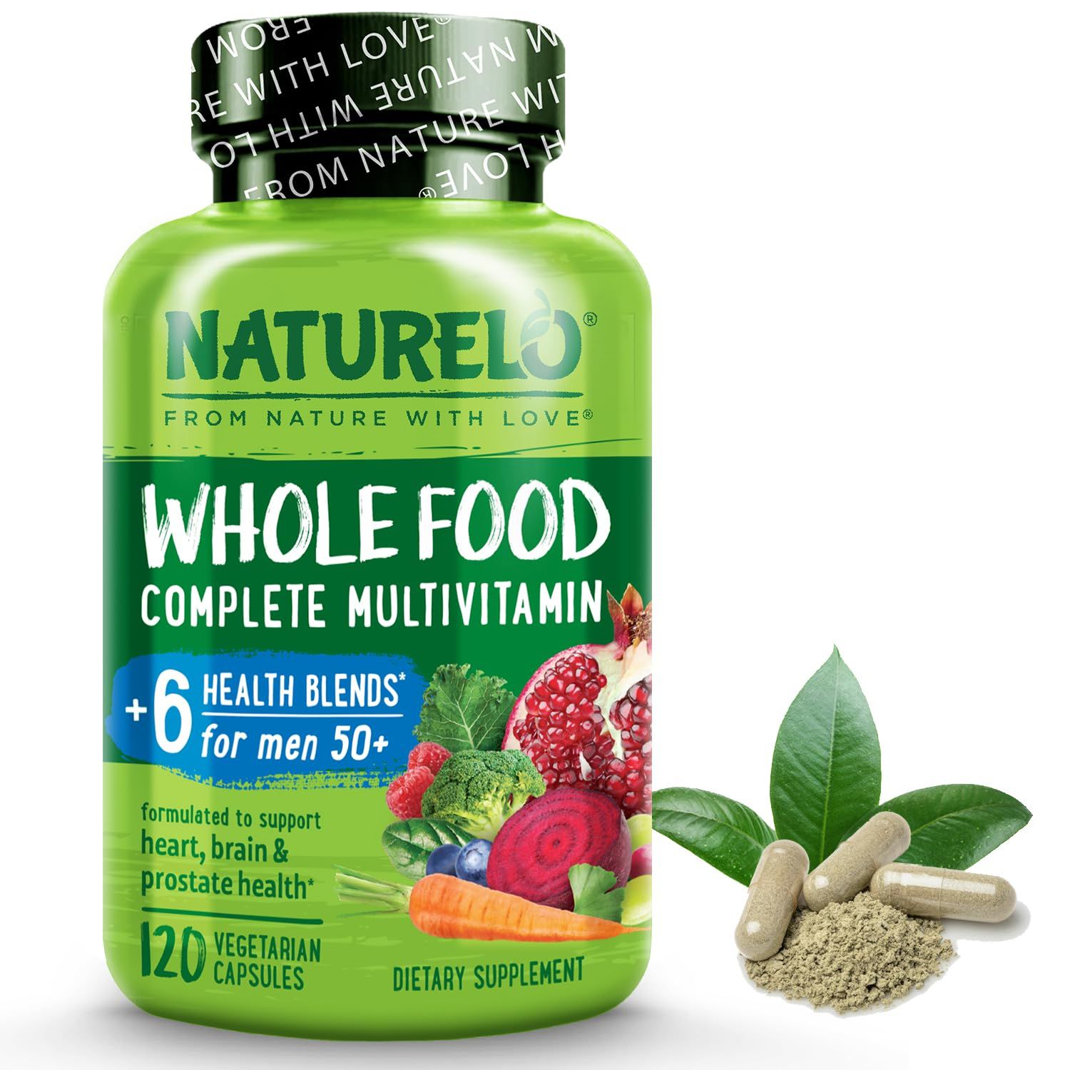 NATURELO Whole Food Multivitamin for Men 50+ - with Vitamins, Minerals, Organic Herbal Extracts - Vegan Vegetarian - for Energy, Brain, Heart and Eye Health - 120 Capsules