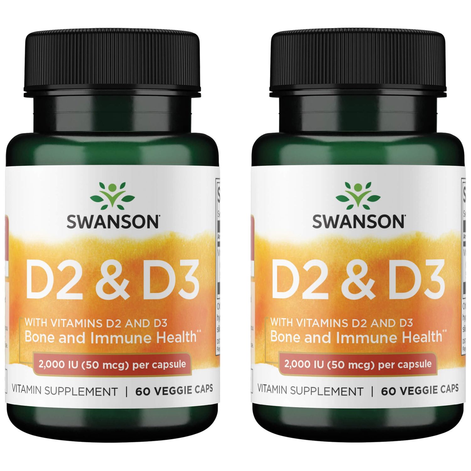 Swanson Vitamin D Complex with Vitamins D2 &amp; D3 - Complete Sunshine Vitamin Complex for Bone, Dental &amp; Immune Health - Vitamin Supplement ( 50 mcg, 60 Veggie Capsules ) 2 Pack