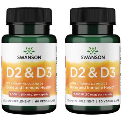 Swanson Vitamin D Complex with Vitamins D2 &amp; D3 - Complete Sunshine Vitamin Complex for Bone, Dental &amp; Immune Health - Vitamin Supplement ( 50 mcg, 60 Veggie Capsules ) 2 Pack