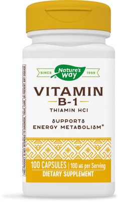 Nature&#39;s Way Vitamin B-1 - 100 mg Thiamin per Serving - Thiamine HCl - Supports Energy Metabolism* - Gluten Free - No Artificial Colors - 100 Capsules
