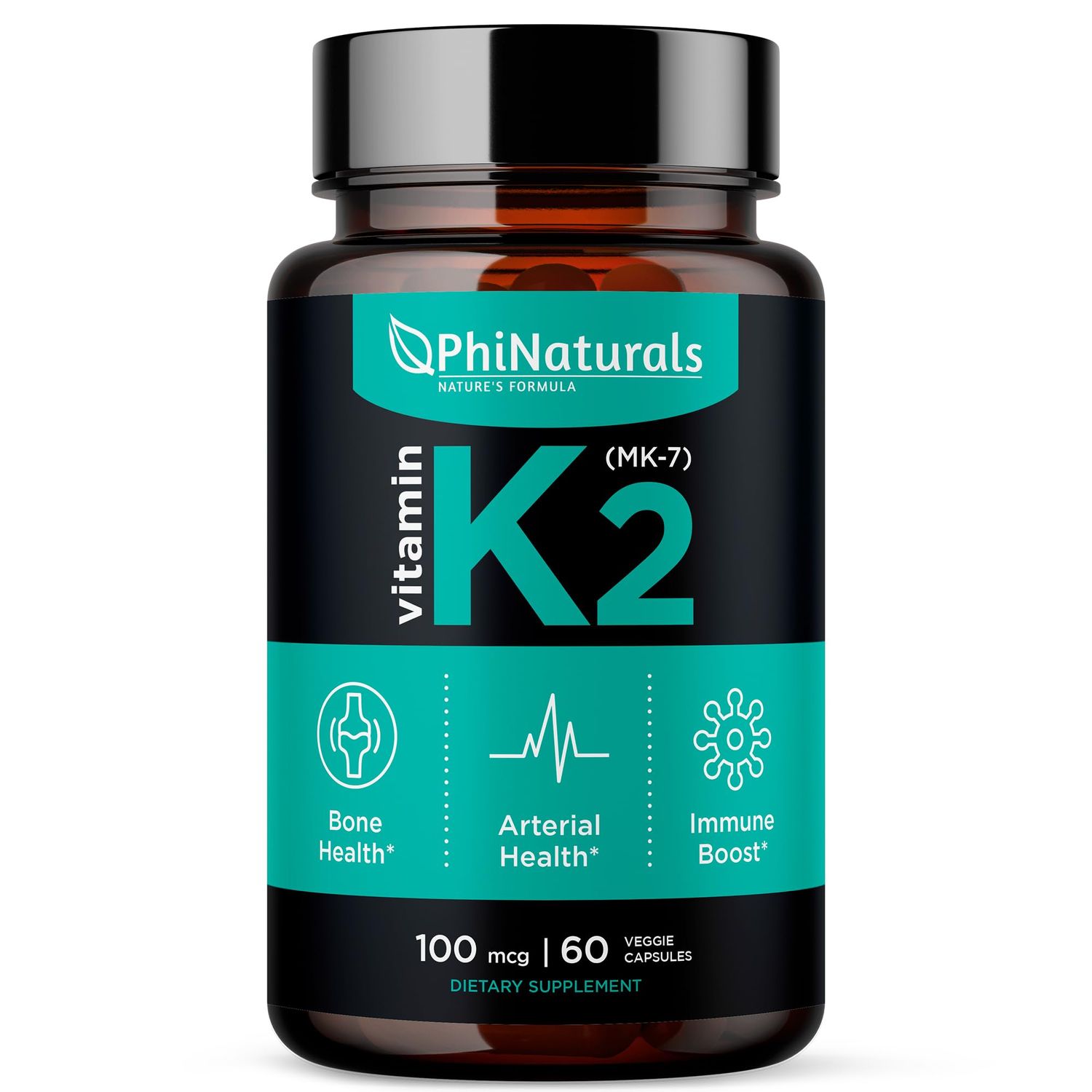 PhiNaturals Vitamin K2 MK7 100mcg Vegan [60 Count] VIT k-2 MK-7 100 mcg from Natto Supplement K