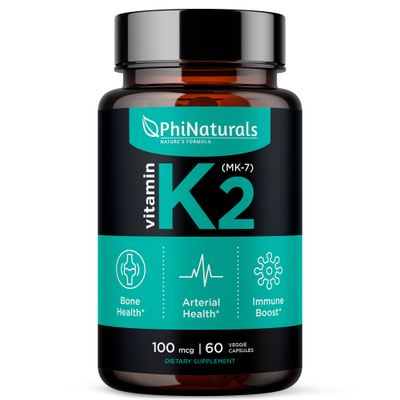 PhiNaturals Vitamin K2 MK7 100mcg Vegan [60 Count] VIT k-2 MK-7 100 mcg from Natto Supplement K