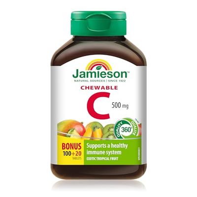 Jamieson Chewable Vitamin C 500 mg Exotic Tropical Fruit, 120ct, Imported from Canada)