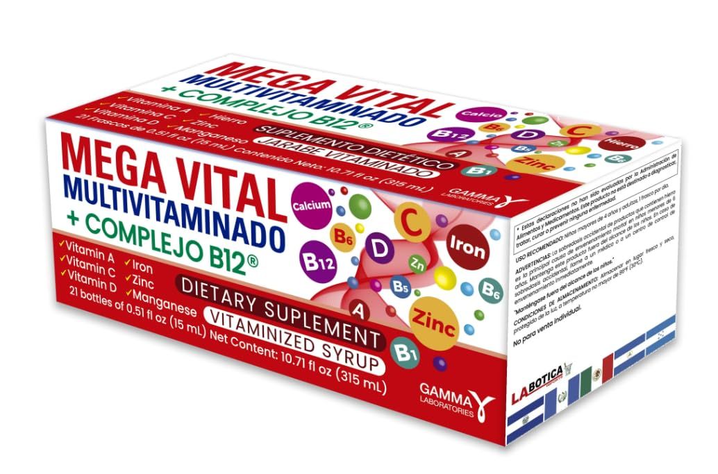 MEGA VITAL Multivitamin + B12 Complex - Dietary Supplement Vitaminized Syrup, 10.71 fl oz (315 mL), 21 Bottles x 0.51 fl oz Each - Vitamin A, C, D, Iron, Zinc, Manganese, Calcium