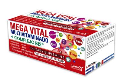 MEGA VITAL Multivitamin + B12 Complex - Dietary Supplement Vitaminized Syrup, 10.71 fl oz (315 mL), 21 Bottles x 0.51 fl oz Each - Vitamin A, C, D, Iron, Zinc, Manganese, Calcium MEGA VITAL Multivitamin + B12 Complex - Dietary Supplement Vitaminized Syrup, 10.71 fl oz (315 mL), 21 Bottles x 0.51 fl oz Each - Vitamin A, C, D, Iron, Zinc, Manganese, Calcium