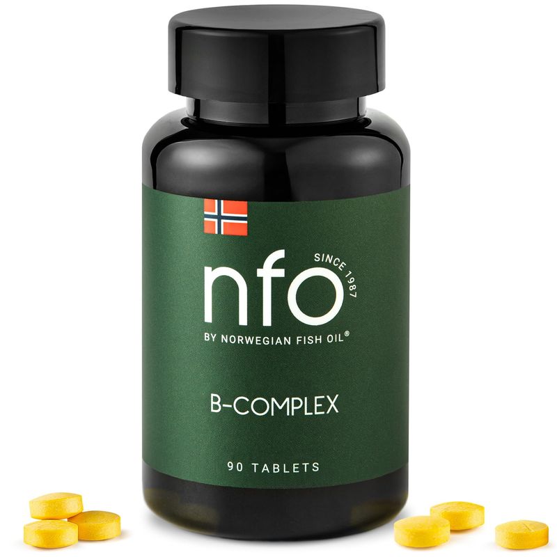 NFO Vitamin B Complex [90 Tablets] Norwegian Natural High-Dose Complex of Multivitamins of Group B in an Easily Accessible Form: B1, B2, B3, B5, B6, B9, B12 for Men and Women Made in Norway